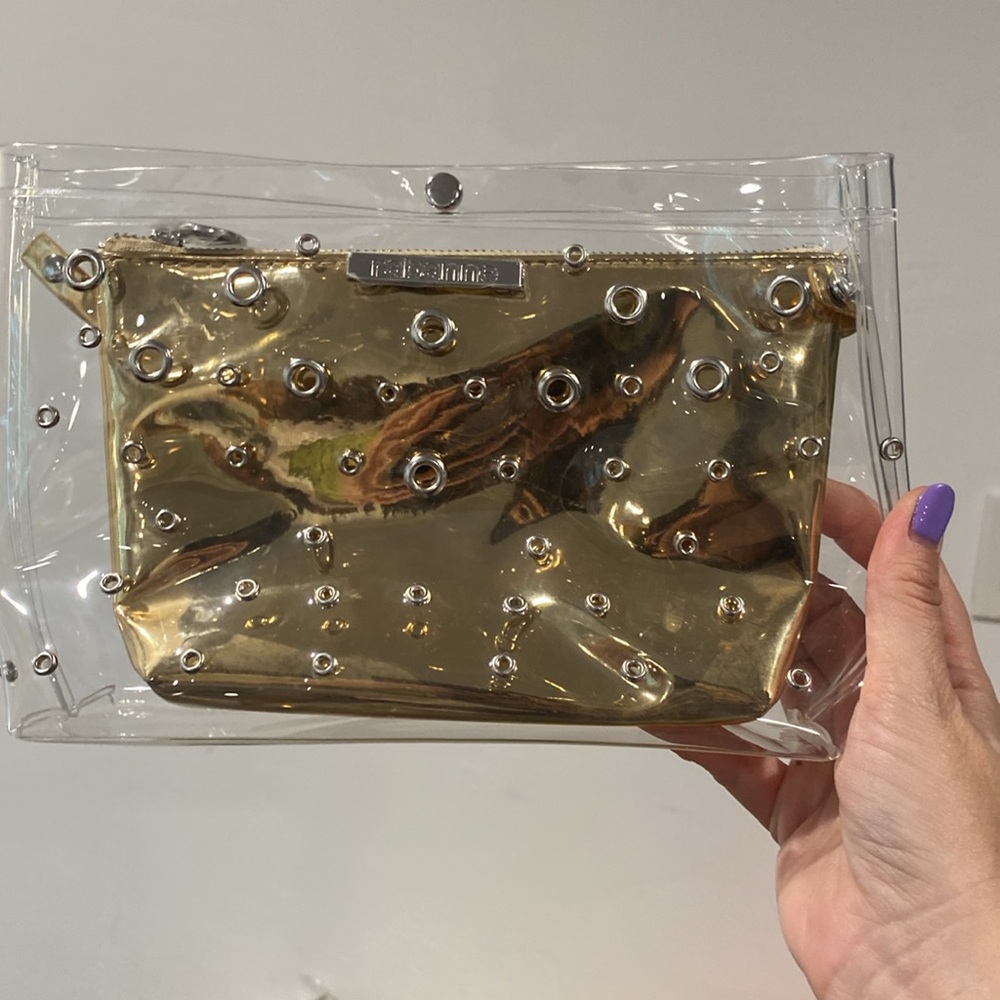 Paco Rabanne Clear Riveted Makeup Clutch Bag Gold Inside Bag  duo new